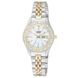 Ladies Quartz Mother-of-Pear Swarovski® crystals.